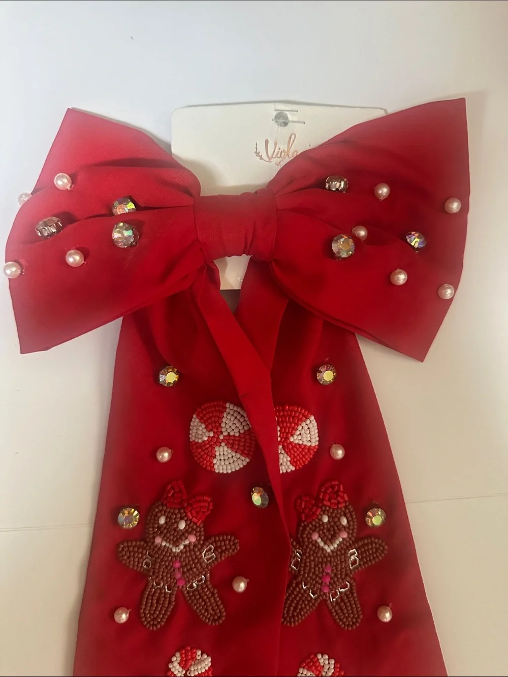 Red Embellished Holiday Bow with Crystals and Pearls